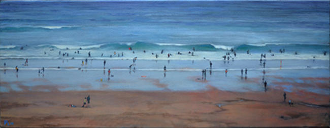 Figures on Trebarwith Strand Beach, Cornwall