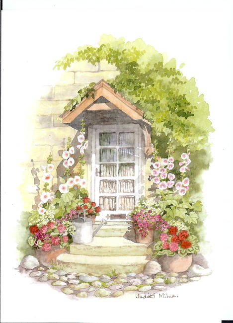 Hollyhocks by the Cottage Door