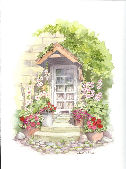 Hollyhocks by cottage door 994