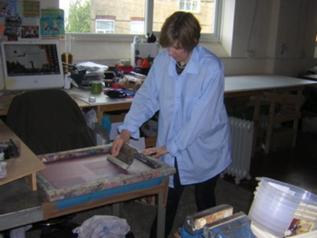 Anna screen printing at the studio