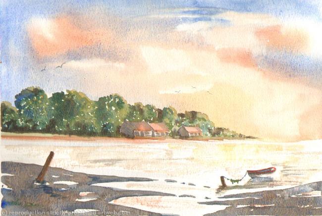Sunset over lakeside cottages