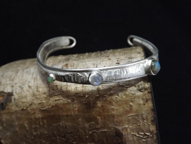Textured bangle- Opal, Moonstone and Labradorite