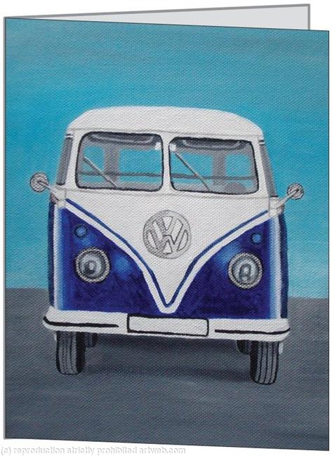 VW Camper Van - Blue - Small Greetings Card