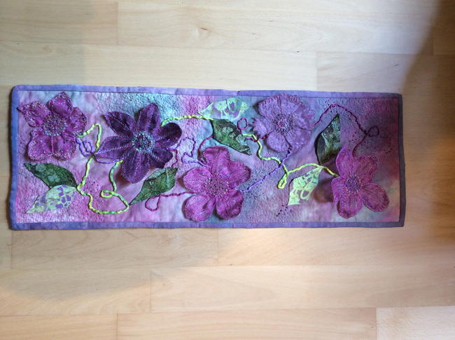 Clematis- organza flowers on space dyed cotton