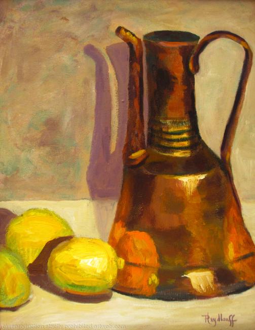 Copper Pot with Lemons - Fresh lemons snuggle up to a stately copper pot filled with water just waiting for the opportunity to become refreshing lemonade.