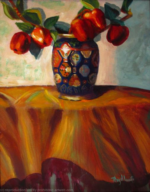 Five Apples - A silk scarf, an antique vase and apples juxtapose color, shape and texture to tantilize the senses.