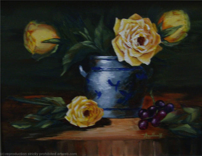 Yellow Roses and Grapes - Whether yellow roses for you speak of Texas or true love, they are luscious with plump purple grapes.