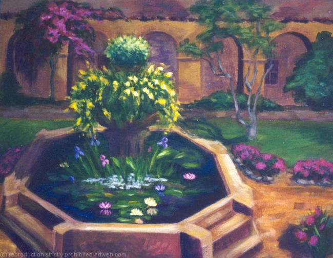 Courtyard Fountain - In the heart of the San Juan Capistrano Mission in CA is the courtyard fountain. Its gentle bubbling sound and ever changing floral scape create peace and calm.