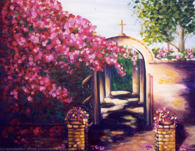 Jewel of the Missions - This San Juan Capistrano Mission in CA was founded in 1776 and is one of the best known and most beautiful. This is a view from the private prayer garden into the rose arbor.