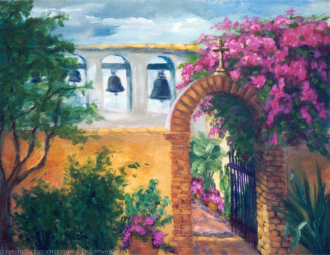 Mission Bells - The mission bells are one of the charming features of the San Juan Capistrano Mission in CA. Through the gate is the private prayer garden next to the chapel.