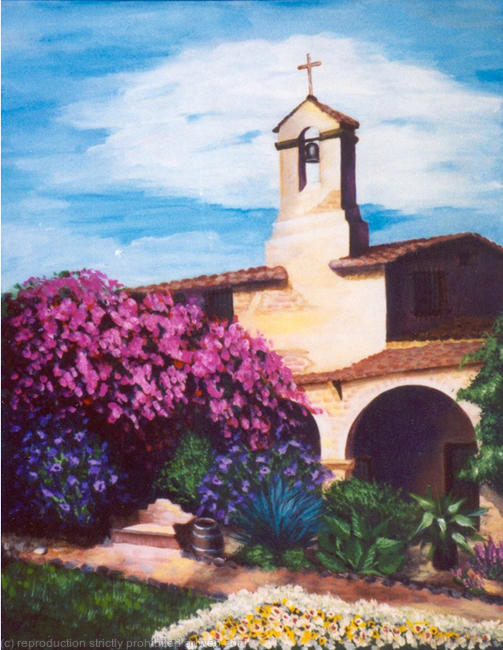 The Bell Tower - At the back of the San Juan Capistrano Mission in CA on the far side of the courtyard is the bell tower reaching toward the sky. It is always surrounded by blooming bougainvillea.