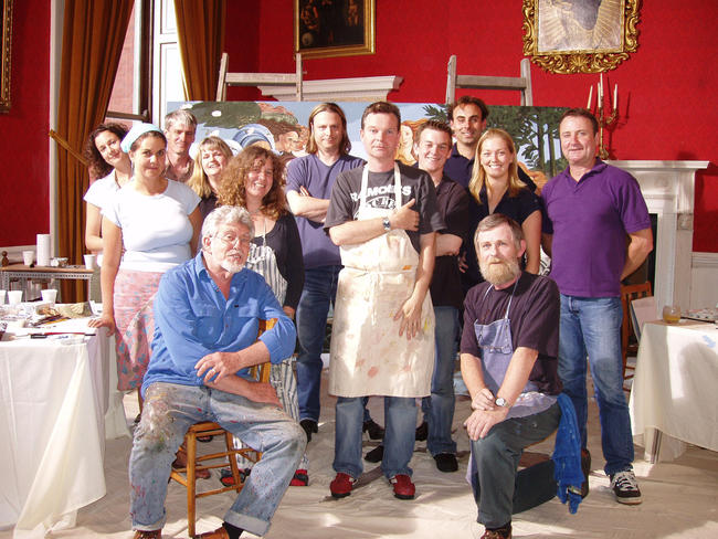 with the bbc production team and rolf harris in front of the completed painting of the birth of venus