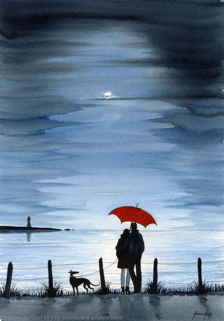 Moonlight on Water No.6979 Red Umbrella