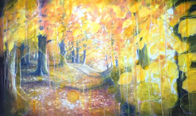 The Autumn Portal is a large otherworldly oil painting of an autumn forest path