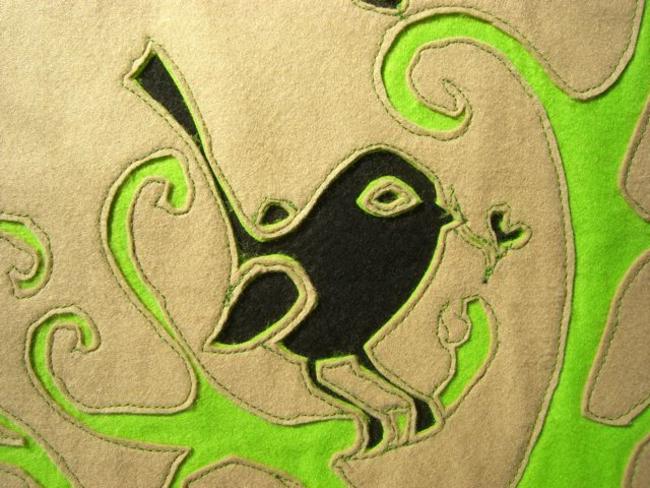 Beige and Green Bird Embroidery for cushion - detail