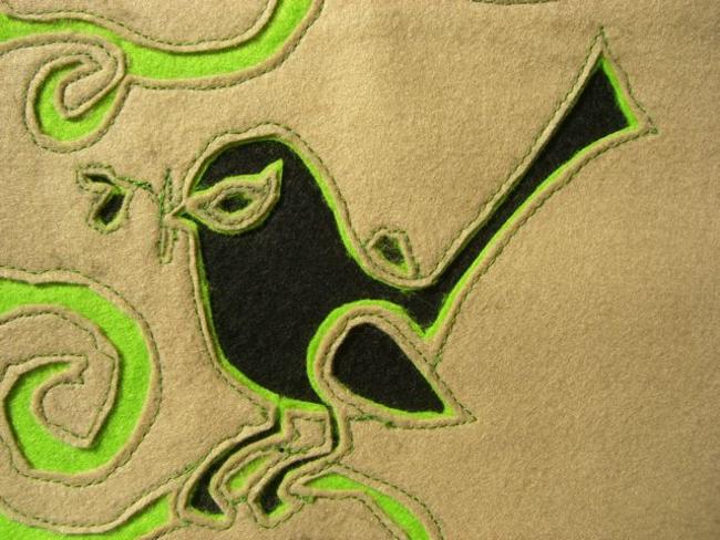Beige and Green Bird Embroidery for cushion - detail