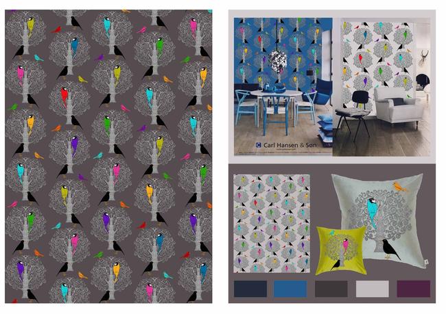 Three Bird Tree - wallpaper and textiles