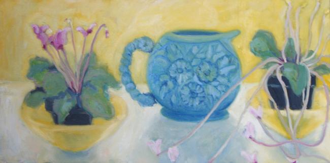Two cyclamen, jug and yellow
