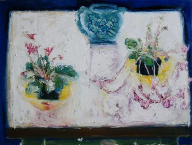 Two cyclamen, table, green jug