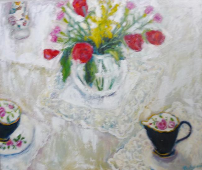 red roses. rose tea set