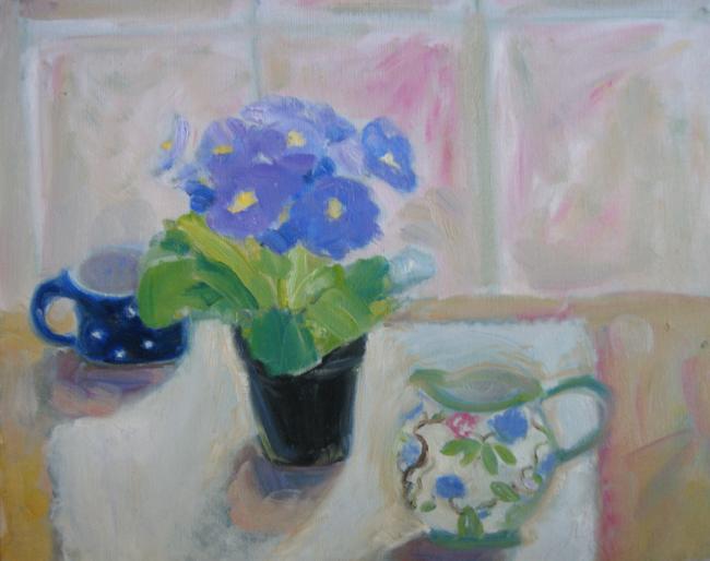 French door, blue primula