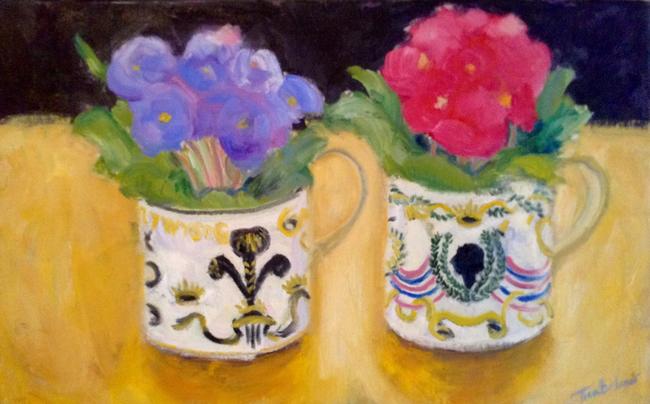 Coronation mugs, primulas