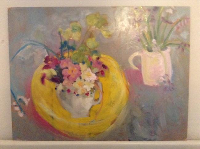 Yellow bowl, primulas and jug