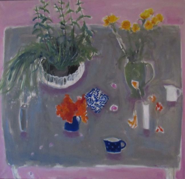 Pink, yellow roses, herbs and nasturtiums