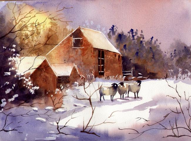Winter Barns and sheep watercolour, on Arches Aqurelle width=
