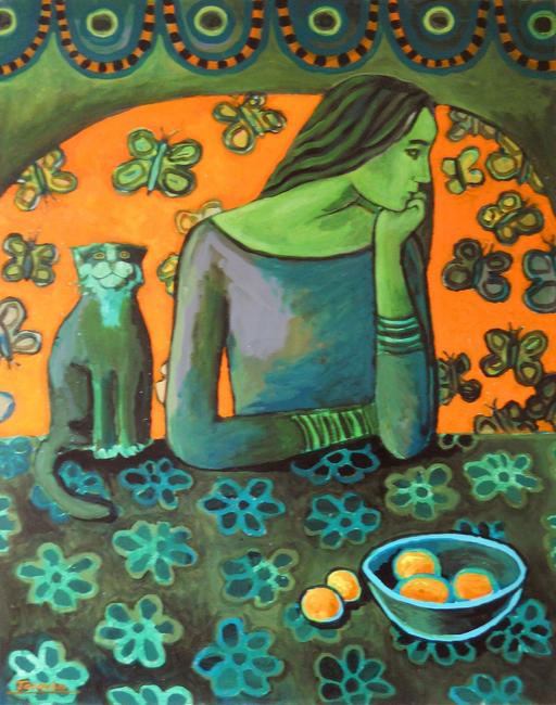 Green girl and a cat acrylic on canvas 60x80cm