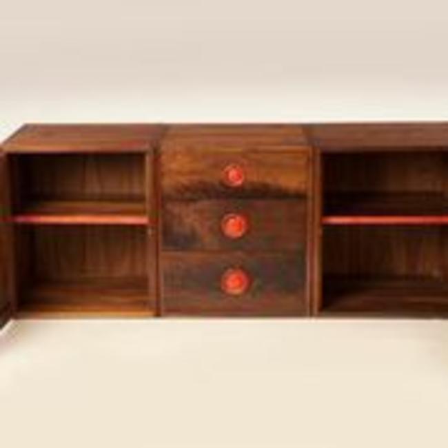 Three Solid Walnut Fully Hand jointed Cabinets with Pink Ivorywood Bespoke handles and detailing