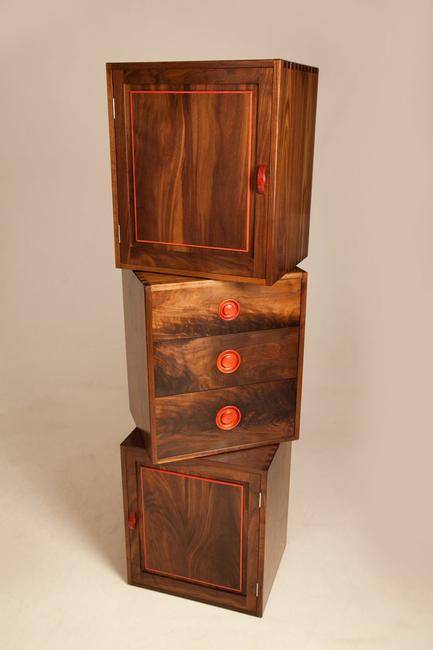Solid American walnut set of three identical sized variable modular cabinets.All fully Hand jointed with visual Dovetails to the cabinets and drawers.Rare Pink Ivorywood turned drawer