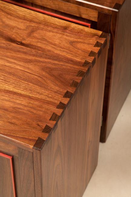 Solid American walnut set of three identical sized variable modular cabinets.All fully Hand jointed with visual Dovetails to the cabinets and drawers.Rare Pink Ivorywood turned drawer