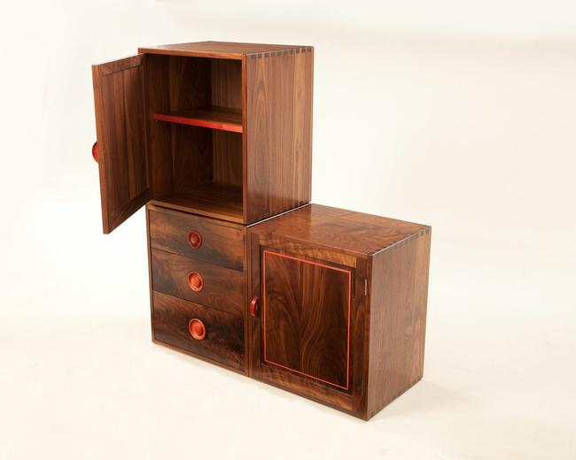 Solid American walnut set of three identical sized variable modular cabinets.All fully Hand jointed with visual Dovetails to the cabinets and drawers.Rare Pink Ivorywood turned drawer