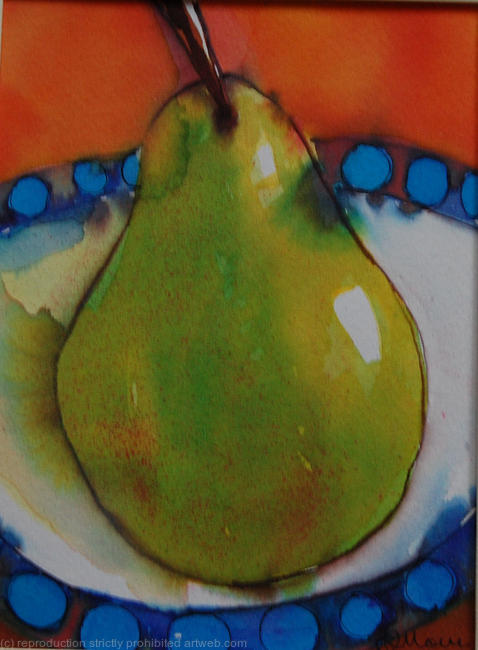 Green pear on a blue rimmed plate