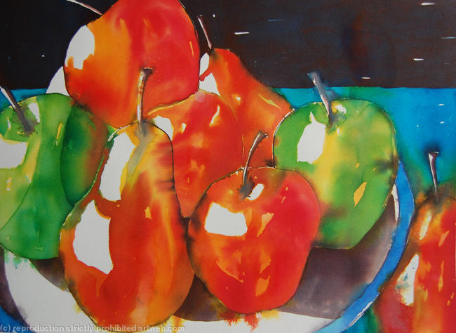 Apples & Pears - Colourful Original Watercolour/Ink Still Life Painting