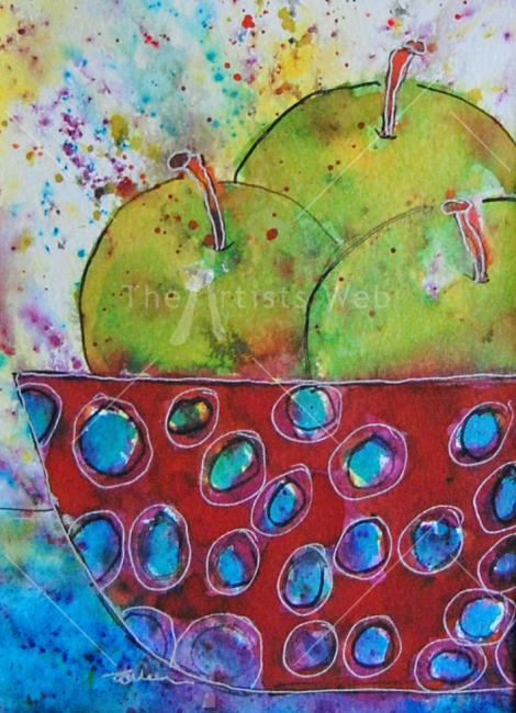 Green Apples in a Red and Blue Spotted Bowl
