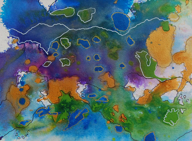 Original Abstract Painting Mixed Media Mounted Blue Purple Green Gold