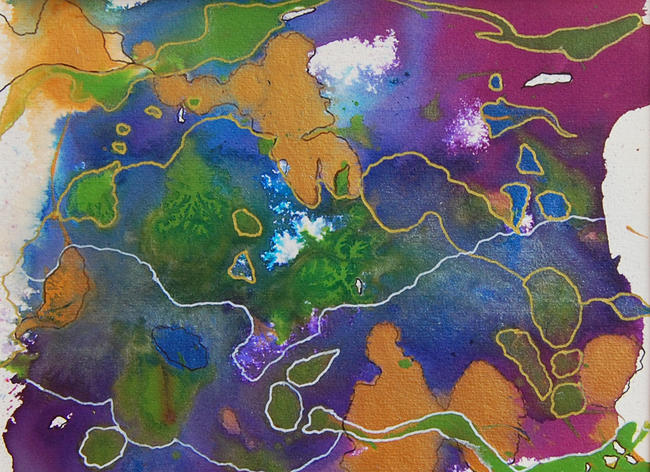 Original Abstract Painting Mixed Media Mounted Blue Purple Green Gold