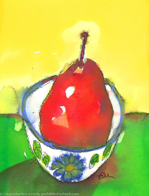 Red Pear in Floral Bowl