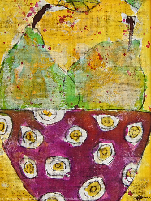 Two Green Pears in a Spotty Bowl