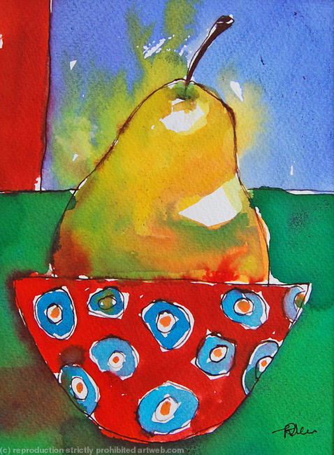 Yellow Green Pear in Spotty Bowl