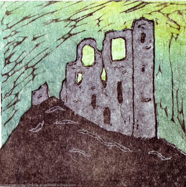 Clun Castle Linocut and collage 11x11cm