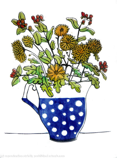 Blue spotty jug and flowers