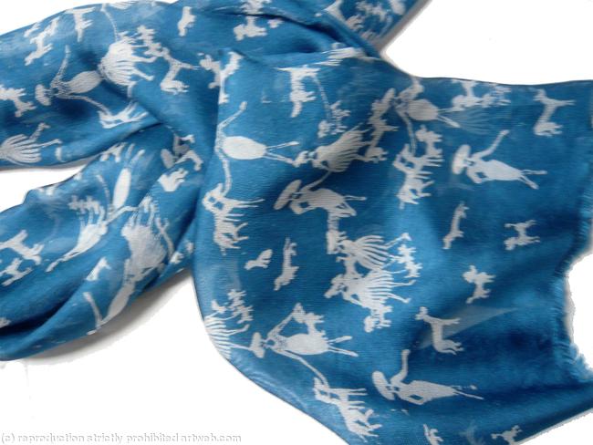 Detail of Indigo Ladies with Dogs Silk Scarf