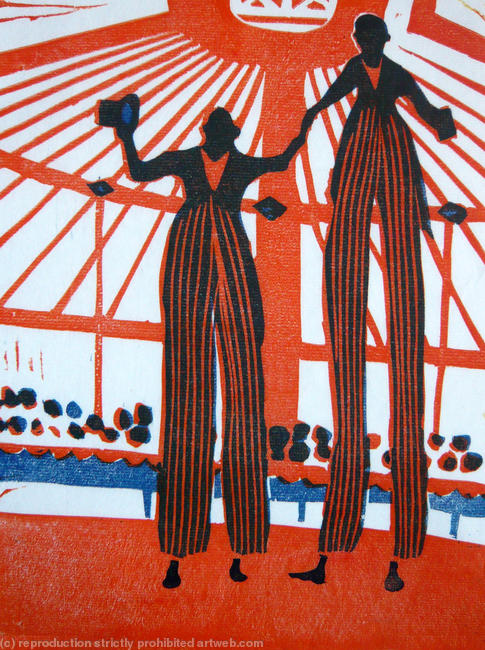 Stilt walkers orange and blue