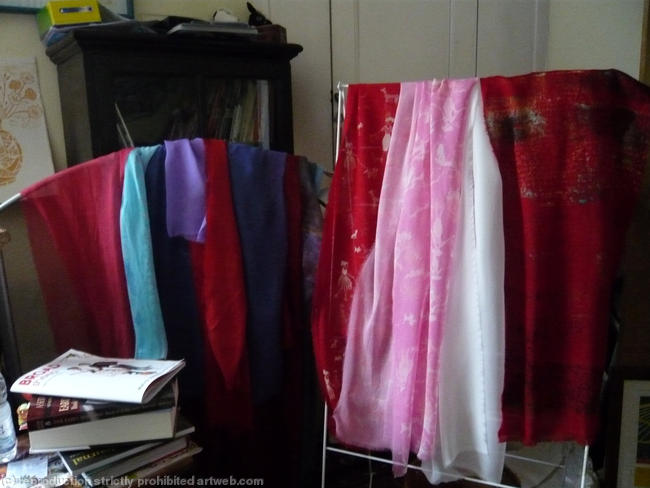 Hand-dyed scarves waiting to be print