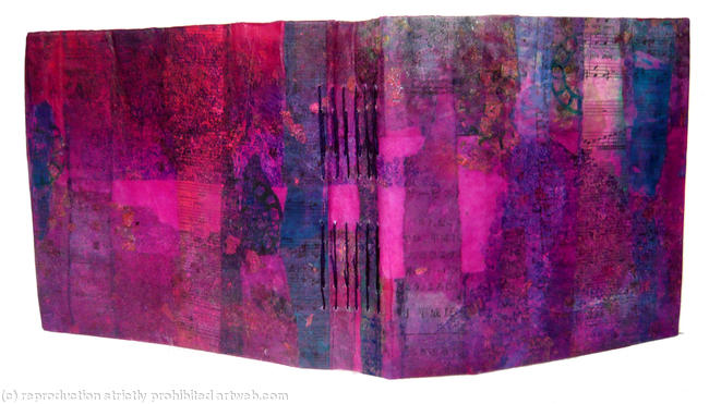 Front and back cover of pink medieval book showing binding