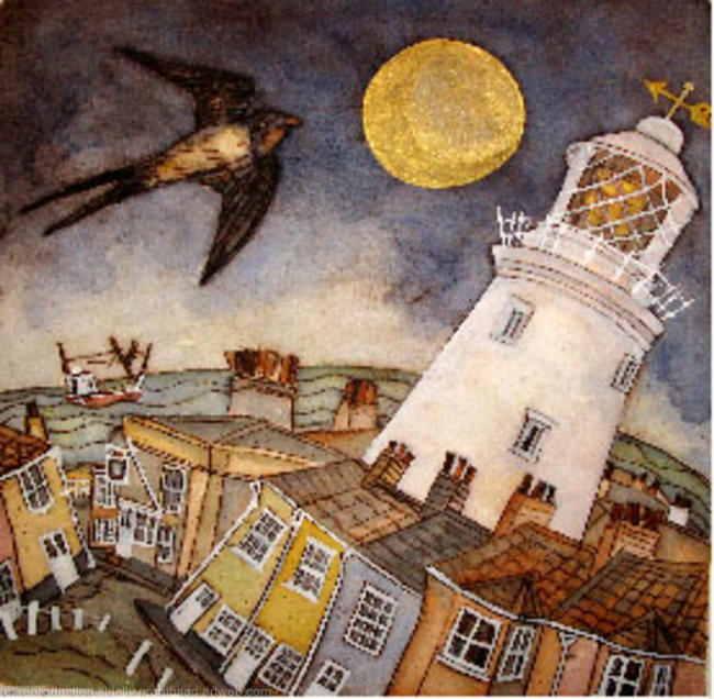 by golden light the visitor came swooping low by rolling sea and once familiar rooftops, Southwold