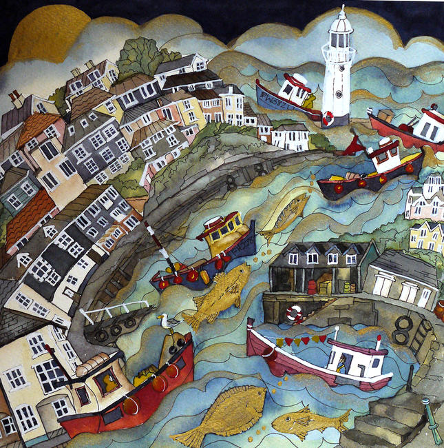 off to sea with the golden fish,a rising moon to light their way,Mevagissey